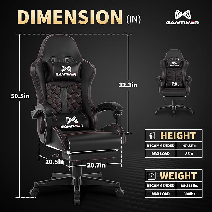 Gaming Chair,Ergonomic Computer Chair with Footrest and Lumbar Support,Breathable PU Leather,Big and Tall Video Gaming Chair,Height Adjustable 360 Degree Swivel Chair for Adults-Black