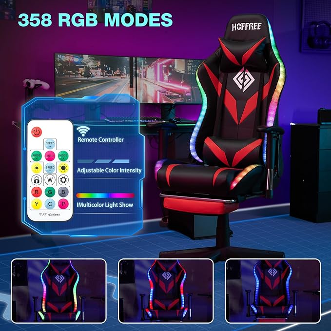 Gaming Chair with Bluetooth Speakers Racing Gamer Chair Massage and Led Lights Swivel Game Chair with Footrest High Back Computer Desk Chair Red and Black