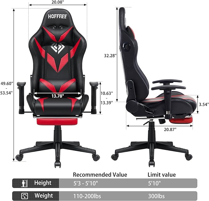Gaming Chair with Bluetooth Speakers Racing Gamer Chair Massage and Led Lights Swivel Game Chair with Footrest High Back Computer Desk Chair Red and Black