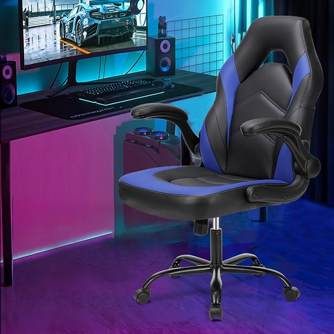 Sweetcrispy Computer Gaming Desk Chair - Ergonomic Office Executive Adjustable Swivel Task PU Leather Racing Chair with Flip-up Armrest for Adults, Kids, Men, Girls, Gamer, Black Blue