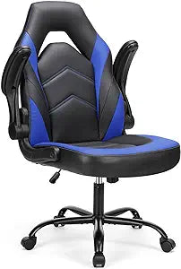 Sweetcrispy Computer Gaming Desk Chair - Ergonomic Office Executive Adjustable Swivel Task PU Leather Racing Chair with Flip-up Armrest for Adults, Kids, Men, Girls, Gamer, Black Blue